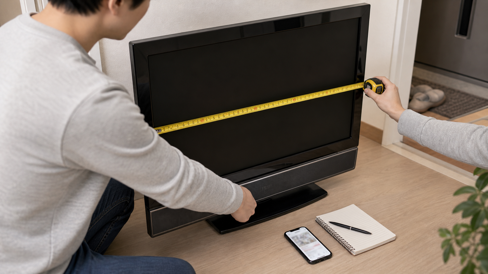 오래된 TV 화면 크기를 줄자로 재는 모습