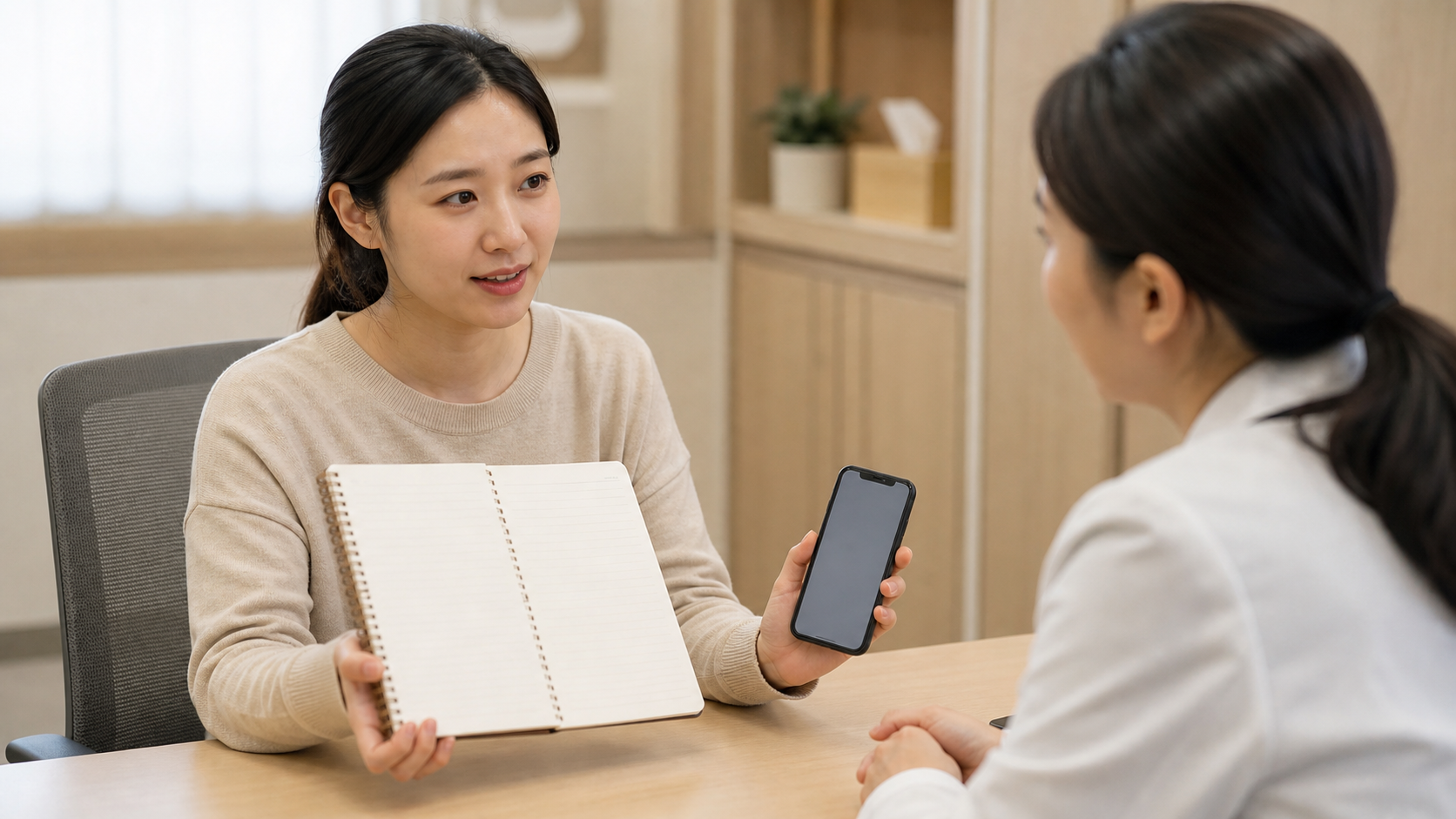 소아 진료 전 이유식 재료표와 피부 사진 기록을 정리하는 보호자의 모습