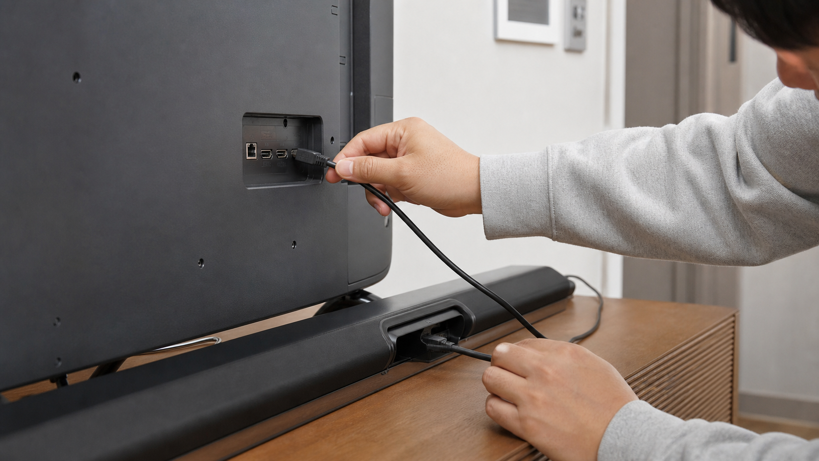 TV 뒷면 HDMI 단자와 사운드바 케이블 연결을 확인하는 손