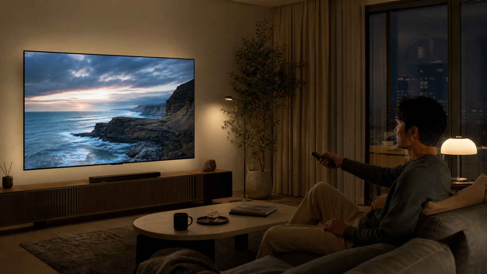 낮은 조도의 거실에서 OLED TV 화면과 주변 조명을 함께 조절하는 모습