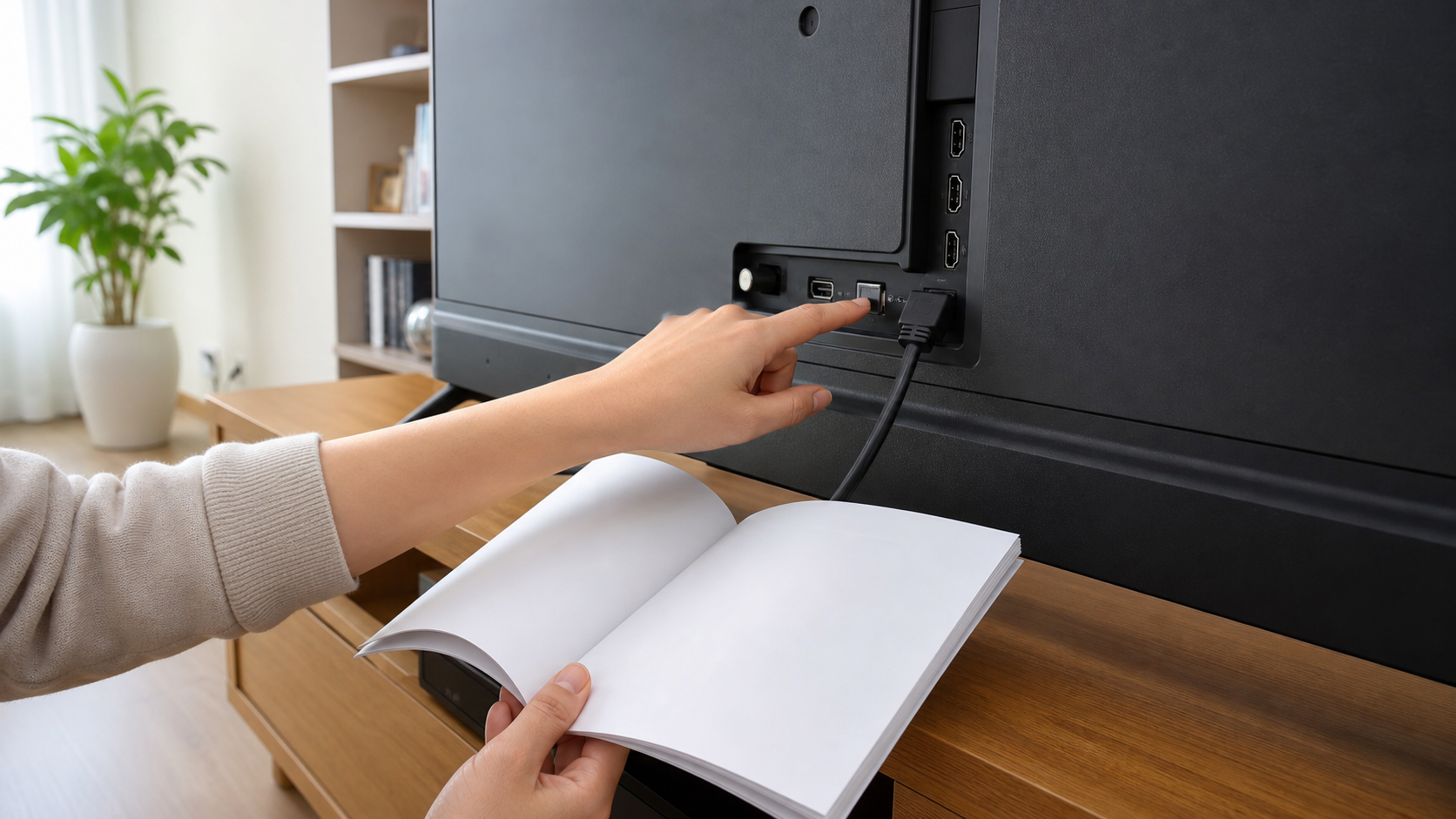 TV 뒷면 HDMI 포트와 케이블 연결 위치를 확인하는 모습