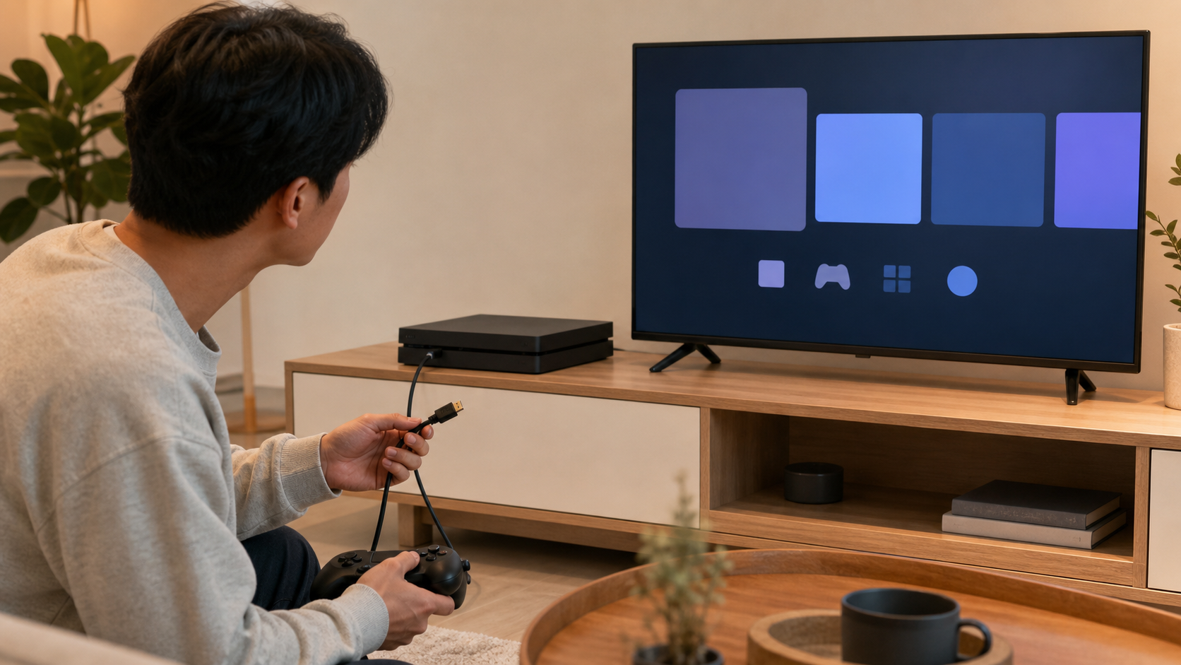 TV 앞에서 게임 콘솔의 영상 출력 설정과 HDMI 케이블을 확인하는 모습