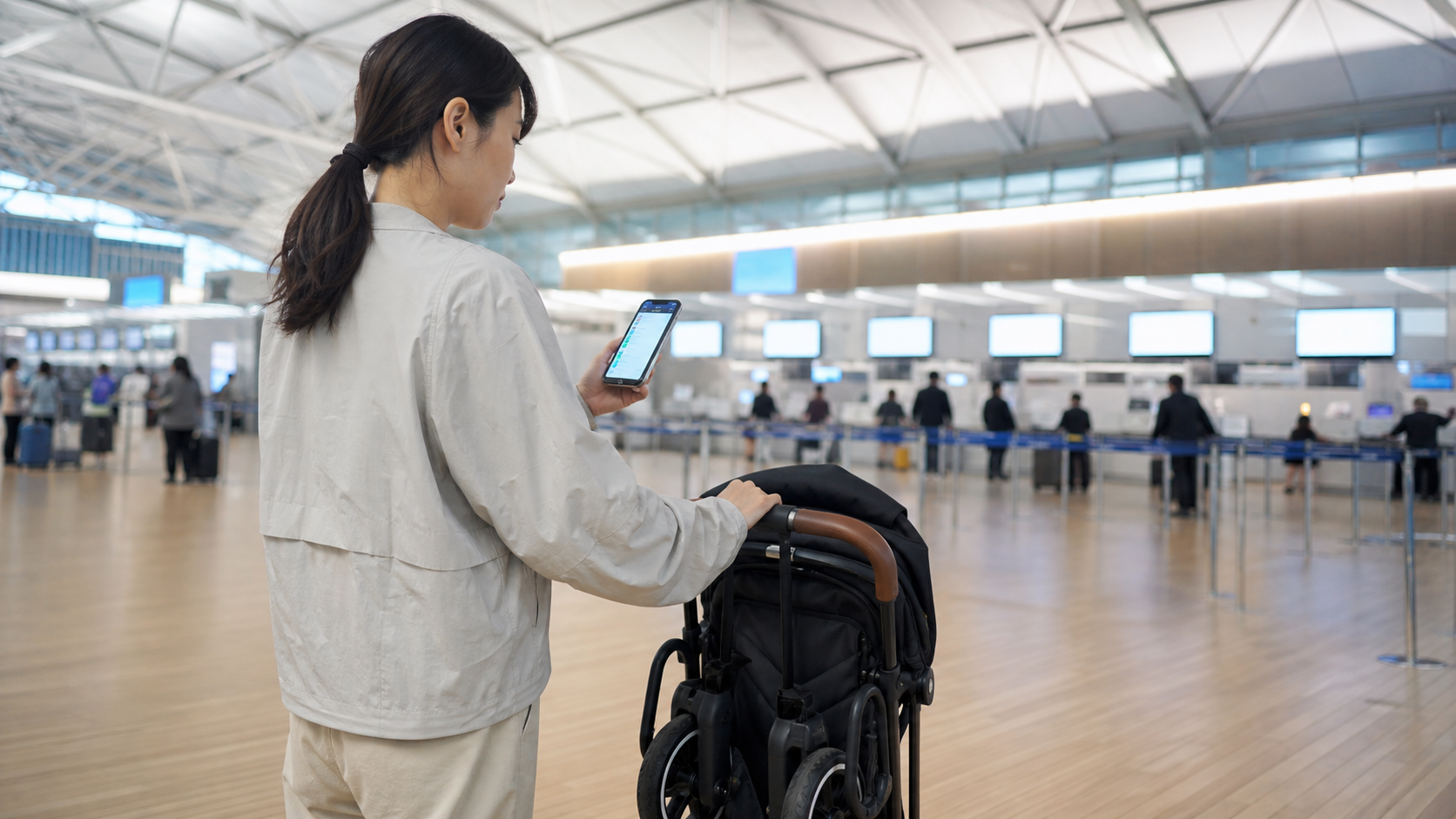 공항 체크인 카운터 앞에서 휴대전화의 운항편 정보와 접은 유모차를 함께 확인하는 보호자