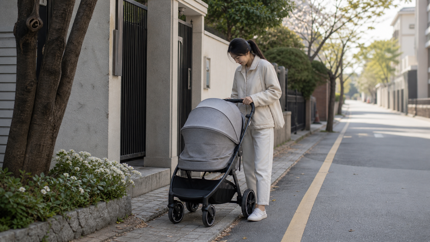 조용한 주택가 산책로에서 유모차 옆에 멈춰 아이 상태를 살피는 보호자