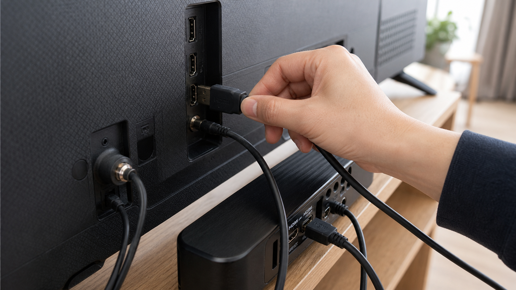 TV 뒤쪽 HDMI ARC 포트에 케이블을 연결하는 모습