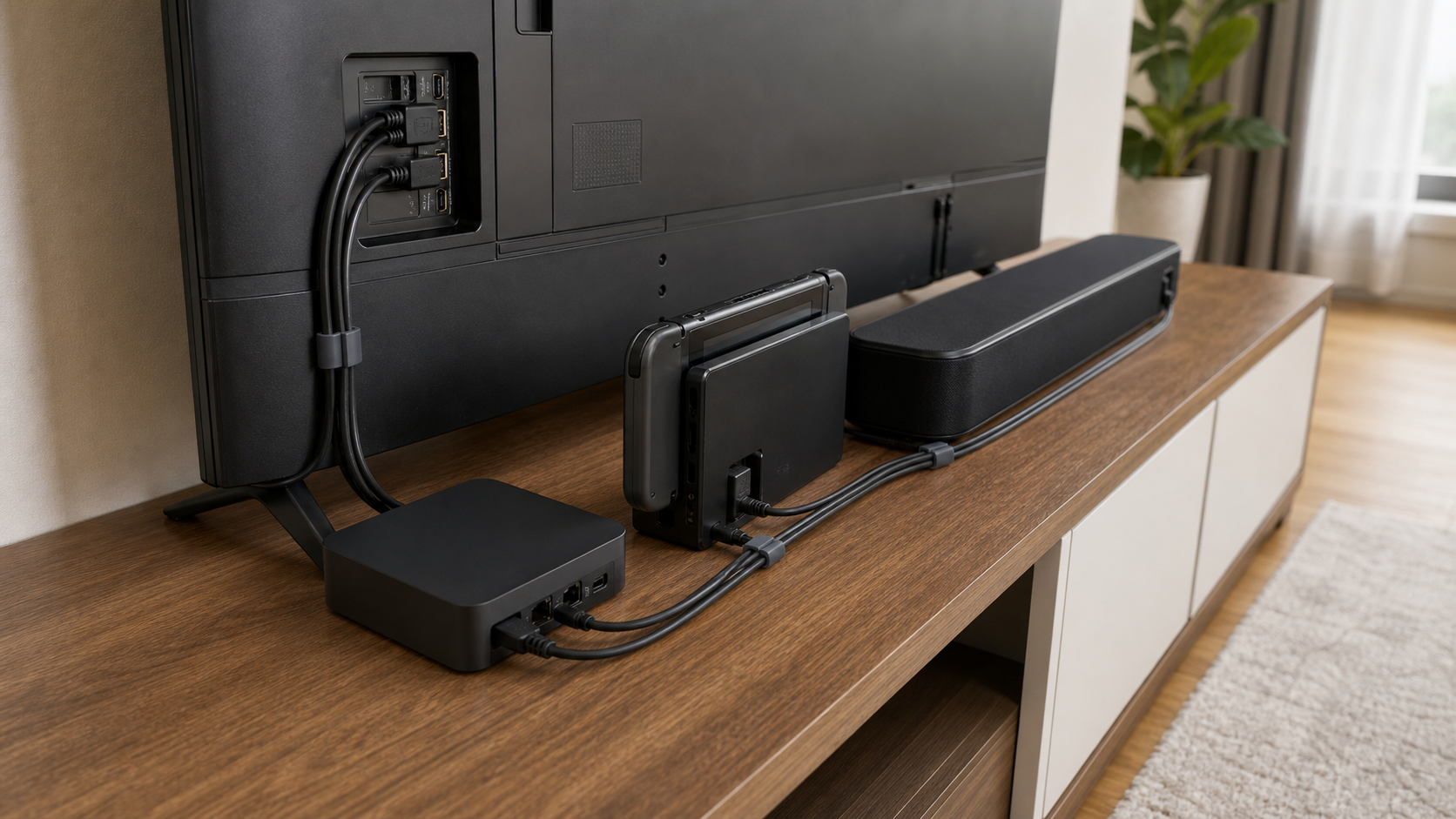 TV 콘솔 위 콘솔과 셋톱박스 HDMI 케이블을 정리한 모습